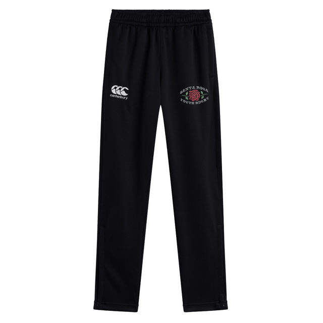 Introducing the Santa Rosa Youth Rugby Stretch Tapered Pant by Canterbury—a black athletic pant from EMB Canterbury, featuring a comfortable elastic waistband, the iconic white Canterbury logo on the left thigh, and a distinctive “Santa Rosa Youth Rugby” crest on the right thigh. Designed to deliver both comfort and performance, these men’s workout pants are ideal for any training session.