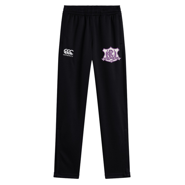 Black stretch tapered Western Carolina University Stretch Tapered Pant by Canterbury featuring a purple Western Carolina Rugby logo on the right thigh and a white logo on the left thigh.