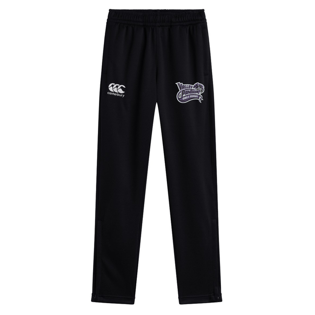 Valley Panthers Girls Rugby Stretch Tapered Pant by Canterbury athletic track pants feature an elastic waistband, the white EMB Canterbury logo on the left, and a “Valley Panthers” emblem on the right thigh, displayed against a white background. These girls’ workout pants combine comfort and style, making them ideal for any training session.