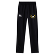 Black stretch tapered Mother Lode Stretch Tapered Pant by Canterbury with a brand logo on the right thigh and a “Mother Lode Rugby” graphic featuring two crossed pickaxes on the left thigh.