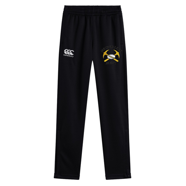 Black stretch tapered Mother Lode Stretch Tapered Pant by Canterbury with a brand logo on the right thigh and a “Mother Lode Rugby” graphic featuring two crossed pickaxes on the left thigh.