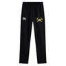 Black stretch tapered Mother Lode Stretch Tapered Pant by Canterbury with a brand logo on the right thigh and a “Mother Lode Rugby” graphic featuring two crossed pickaxes on the left thigh.