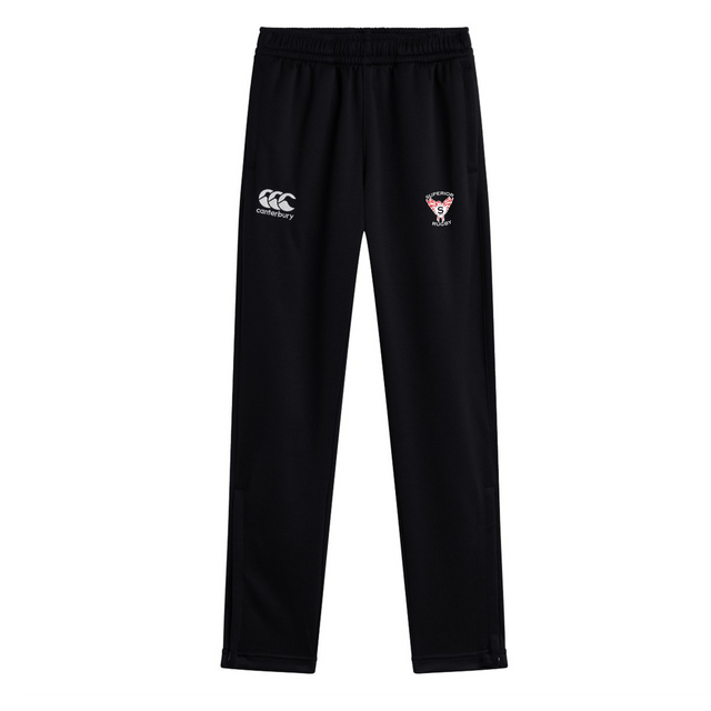 The EMB Canterbury Superior Rugby Club Stretch Tapered Pant features an elastic waistband, Canterbury logo on the left thigh, and club crest on the right. Ideal men's workout pants for comfort and style.