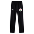 Society of Iowa Rugby Referees Stretch Tapered Pant by EMB Canterbury features an elastic waistband and stretch tapered fit, with two front logos: the Canterbury logo on the left and a circular rose emblem on the right. Designed for men, these workout pants offer comfort and flexibility, while quick-dry fabric ensures you stay fresh during activity.