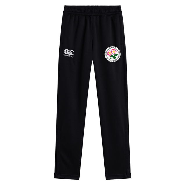 Society of Iowa Rugby Referees Stretch Tapered Pant by EMB Canterbury features an elastic waistband and stretch tapered fit, with two front logos: the Canterbury logo on the left and a circular rose emblem on the right. Designed for men, these workout pants offer comfort and flexibility, while quick-dry fabric ensures you stay fresh during activity.