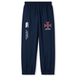 Experience both style and comfort with the SF CDME Rugby Cuffed Hem Stadium Pant by Canterbury from EMB Canterbury, featuring navy blue athletic fabric, elastic cuffs, a prominent Canterbury of New Zealand logo, and a Come Rugby emblem on the front—ideal for rugby enthusiasts.
