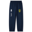 The Gotham Knights Cuffed Hem Stadium Pant by Canterbury, available from EMB Canterbury, are navy blue track pants featuring an elastic waistband and cuffed hem. They boast a logo with a yellow shield and lion on the left leg, as well as "Canterbury of New Zealand" text alongside the Canterbury logo on the right leg. Perfect for rugby enthusiasts.