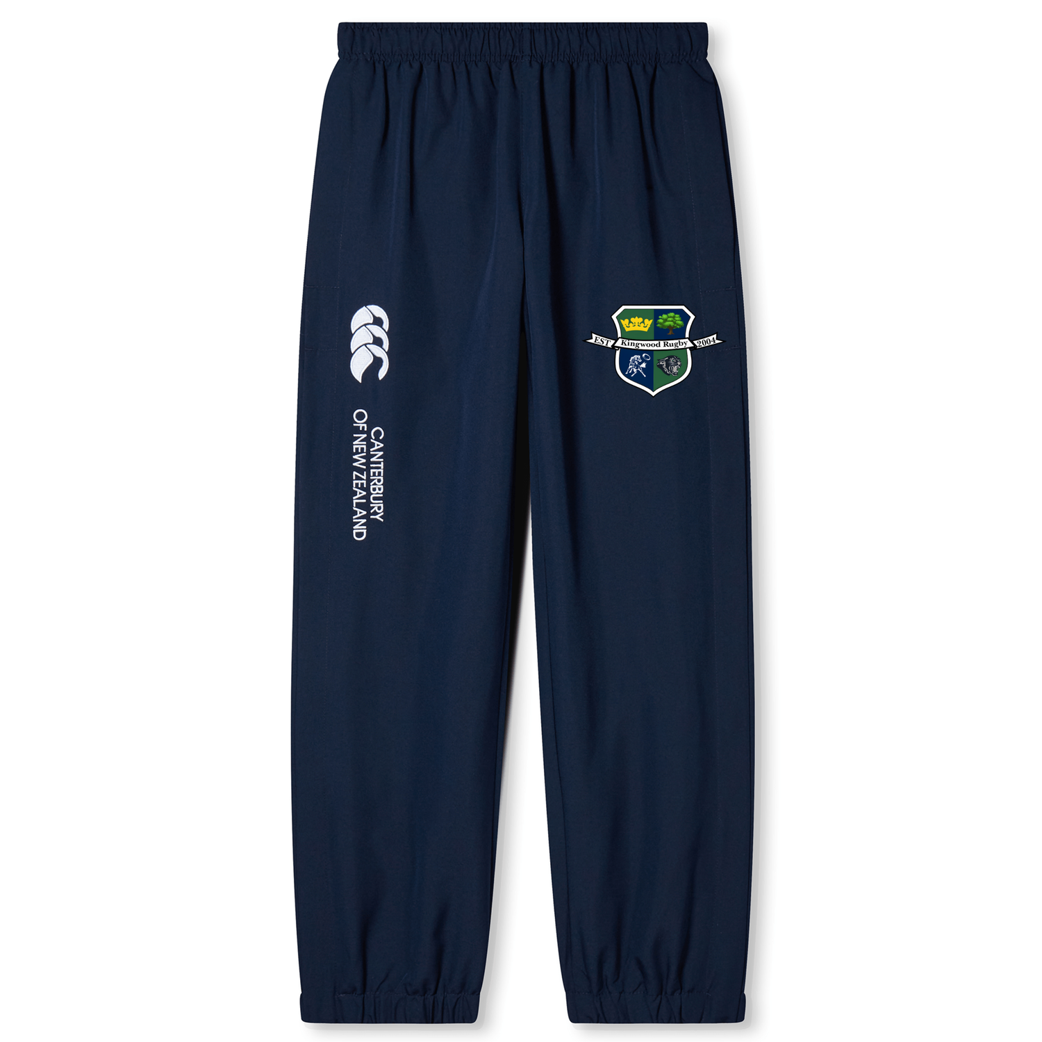 The Kingwood Rugby Cuffed Hem Stadium Pant by EMB Canterbury features elastic cuffs, a Canterbury of New Zealand logo, and a multicolored crest on the upper left leg for stylish comfort.