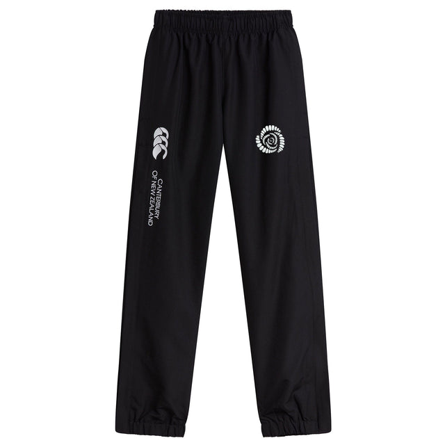 Introducing the Missoula All-Maggots Cuffed Hem Stadium Pant by EMB Canterbury—these black athletic track pants feature an elastic waistband and cuffs, with white printed logos on both the left and right thighs. Inspired by classic men's stadium pants, this EMB Canterbury design effortlessly combines comfort and style, making it perfect for active days or relaxed downtime.
