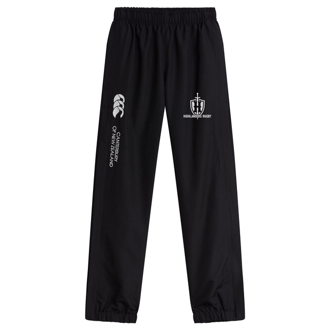 The Highlanders Rugby NC Cuffed Hem Stadium Pant by Canterbury, designed by EMB Canterbury, is perfect for the rugby pitch with its black color, elastic waistband, cuffed hem and ankles, and adorned with both the Canterbury of New Zealand and World Rugby logos.