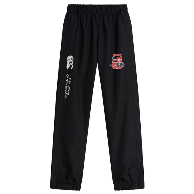 Rye High School 10 Year Cuffed Hem Stadium Pant by EMB Canterbury provides rugby enthusiasts with black pants featuring an elastic waistband, cuffed hems, a Canterbury logo, and a red and white crest on the left side for ultimate comfort and style.