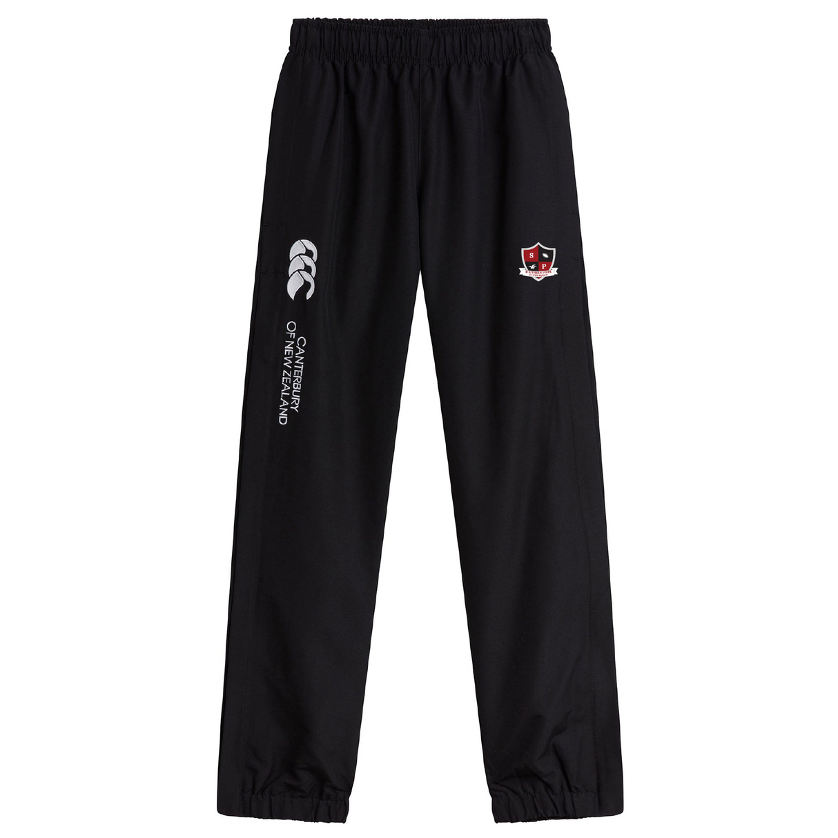 The EMB Canterbury Southern Pines Youth Rugby Cuffed Hem Stadium Pant features an elastic waistband, cuffed hem, and boasts two logos: "Canterbury of New Zealand" and a red/black shield emblem. These versatile track pants suit both casual wear and athletic pursuits.