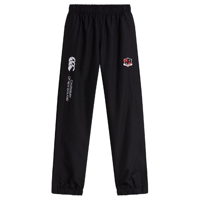 The EMB Canterbury Southern Pines Youth Rugby Cuffed Hem Stadium Pant features an elastic waistband, cuffed hem, and boasts two logos: "Canterbury of New Zealand" and a red/black shield emblem. These versatile track pants suit both casual wear and athletic pursuits.