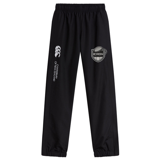 Black ICRON Cuffed Hem Stadium Pant by Canterbury with an elastic waistband and cuffed hems, featuring a logo on the right thigh and an “ICRON” crest on the left.