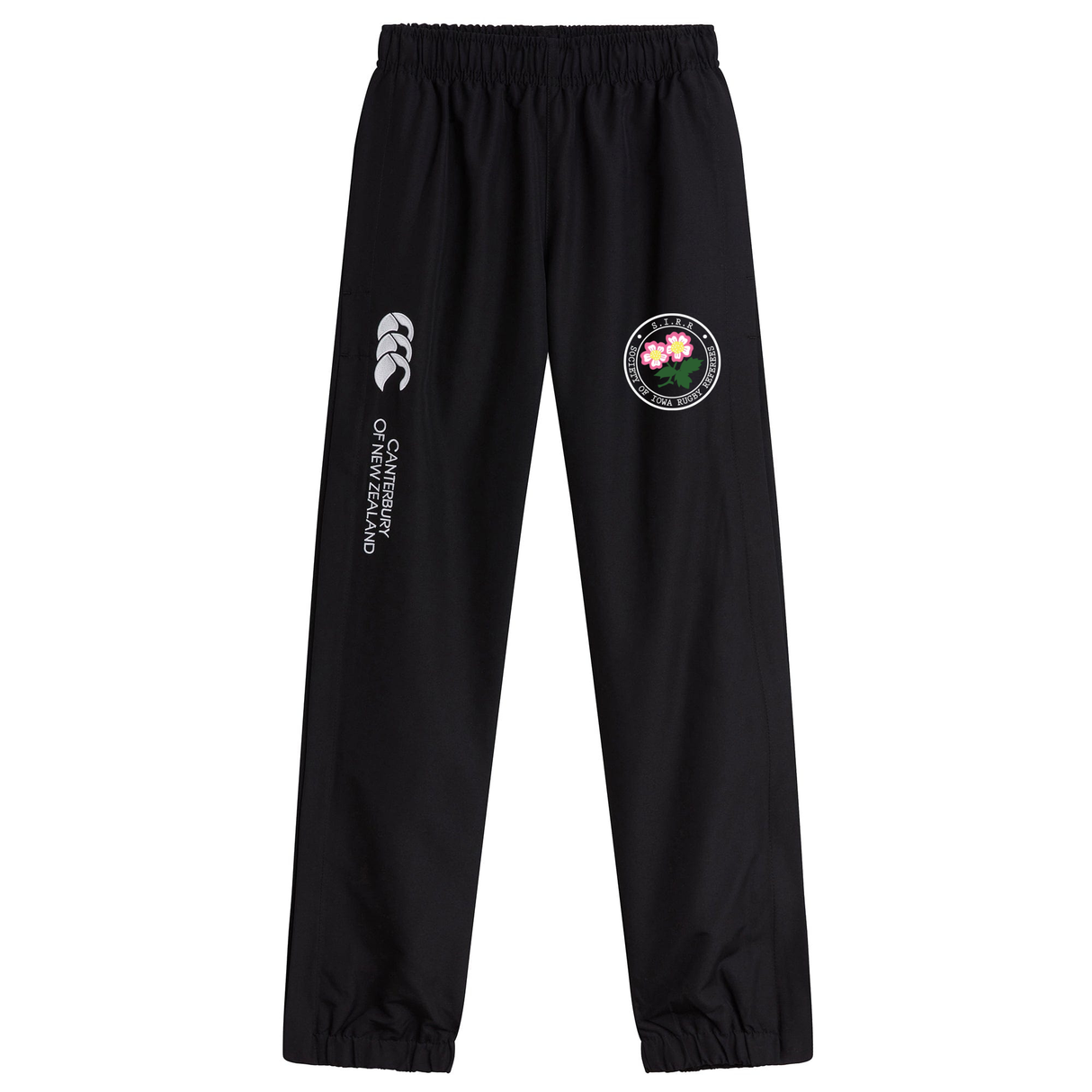 The Society of Iowa Rugby Referees Cuffed Hem Stadium Pant by Canterbury from EMB Canterbury features black athletic pants with an elastic waistband and cuffs, highlighted by a Canterbury of New Zealand logo and a colorful circular emblem on the front right thigh, delivering the comfort and style synonymous with classic rugby stadium pants.