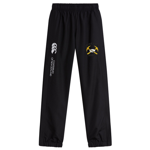 Black Mother Lode Cuffed Hem Stadium Pant by Canterbury with an elastic waistband, cuffed hems, a white logo on the right leg, and a “Mother Lode Rugby” graphic on the left.