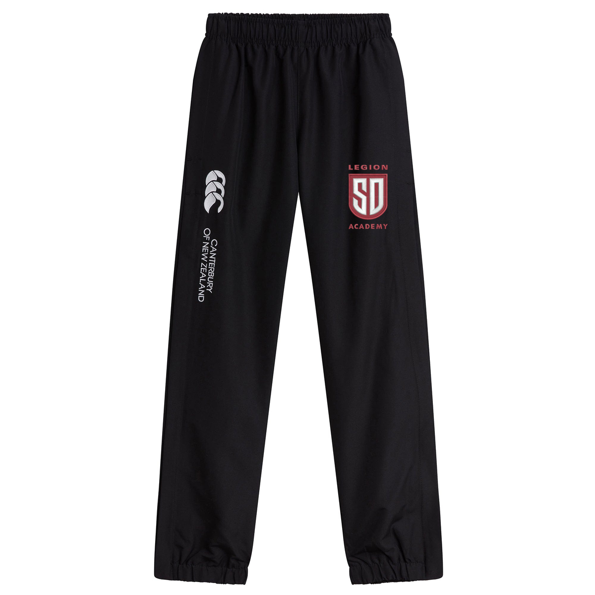 Black Legion Academy Cuffed Hem Stadium Pant by Canterbury with a white logo and text on the right leg and a red and white crest on the left leg.