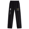 The Hornets Rugby Club 1977 Cuffed Hem Stadium Pant by EMB Canterbury features black athletic pants with an elastic waistband and signature Canterbury cuffed hem, showcasing a white Canterbury of New Zealand logo alongside a yellow embroidered Papanui Rugby Club emblem on the left leg—carefully designed for both comfort and style.