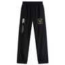 The Hornets Rugby Club 1977 Cuffed Hem Stadium Pant by EMB Canterbury features black athletic pants with an elastic waistband and signature Canterbury cuffed hem, showcasing a white Canterbury of New Zealand logo alongside a yellow embroidered Papanui Rugby Club emblem on the left leg—carefully designed for both comfort and style.