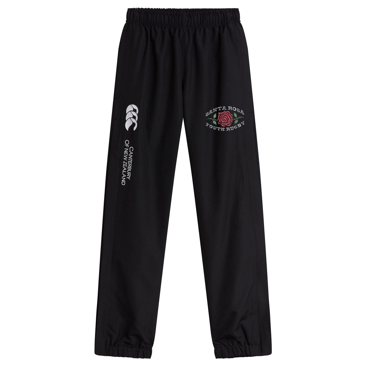 The Santa Rosa Youth Rugby Cuffed Hem Stadium Pant by Canterbury, from EMB Canterbury, features black rugby pants with an elastic waist and cuffs for comfort and athletic style. The left leg displays the signature Canterbury logo while the right leg is adorned with a “Santa Rosa Youth Rugby” emblem featuring a rose, making these men’s cuffed hem pants ideal for training or casual wear.