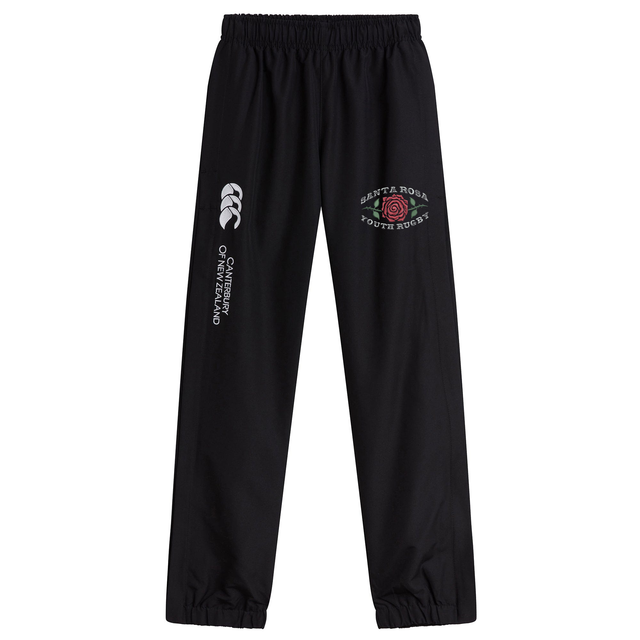 The Santa Rosa Youth Rugby Cuffed Hem Stadium Pant by Canterbury, from EMB Canterbury, features black rugby pants with an elastic waist and cuffs for comfort and athletic style. The left leg displays the signature Canterbury logo while the right leg is adorned with a “Santa Rosa Youth Rugby” emblem featuring a rose, making these men’s cuffed hem pants ideal for training or casual wear.