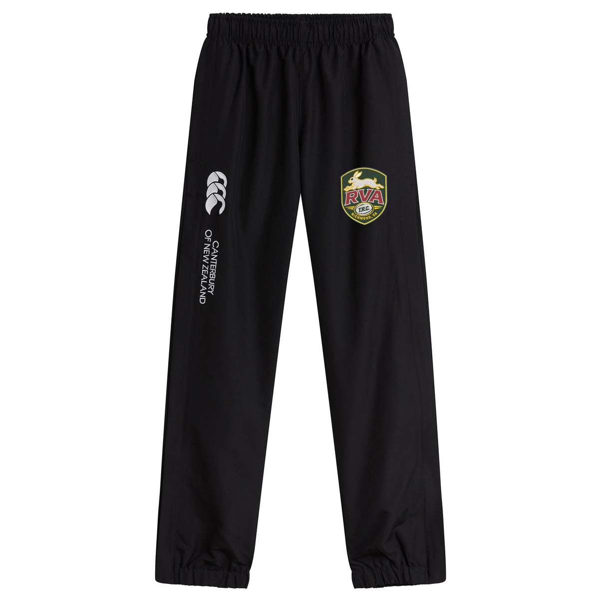 The RVA T.R.C. Cuffed Hem Stadium Pant by EMB Canterbury features a black athletic design with an elastic waistband and cuffs, adorned with the signature Canterbury of New Zealand logo and an RVA sports crest on the right leg. These men’s rugby pants provide both comfort and style, perfect for training or casual wear.