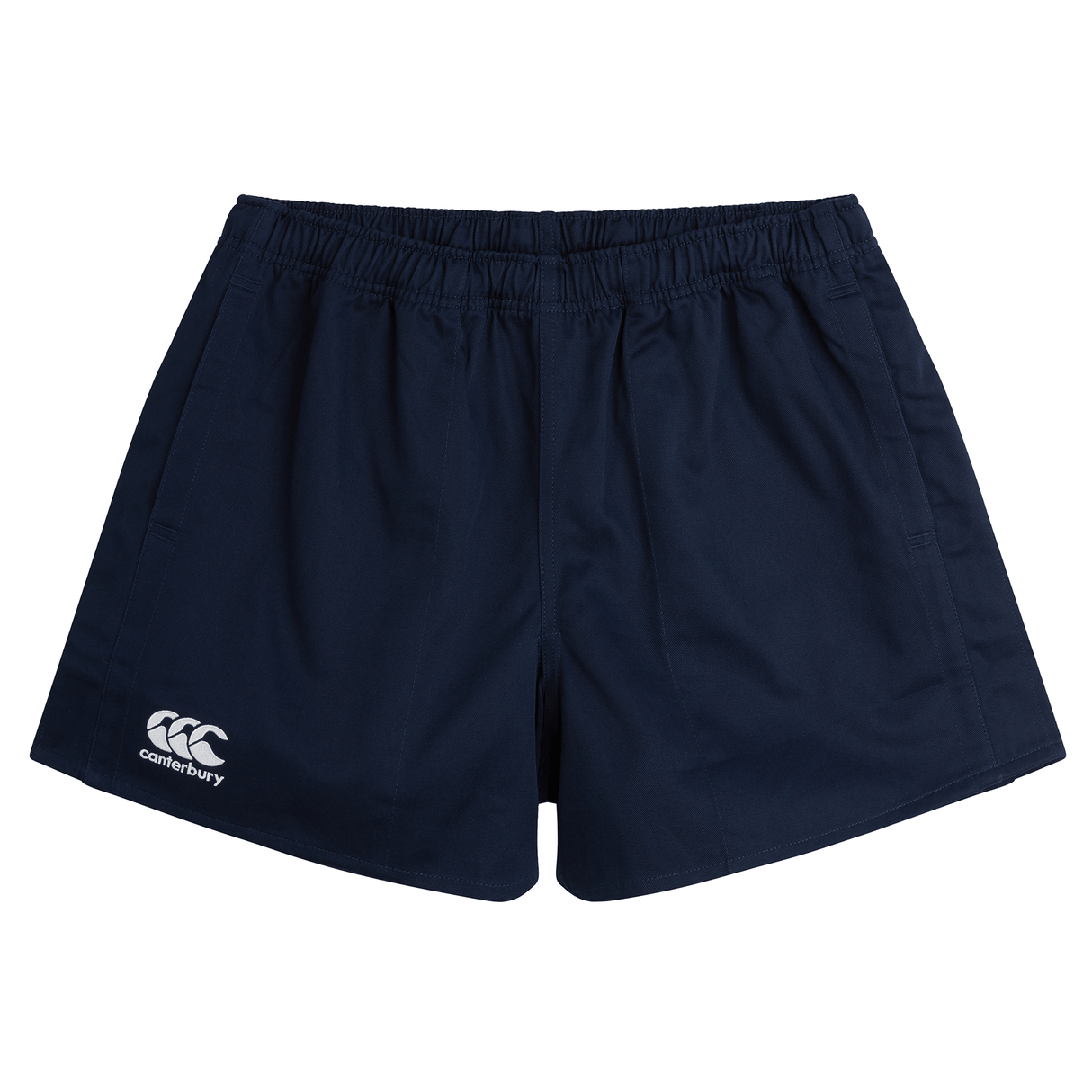 A Canterbury navy rugby shorts with a white logo on the side.