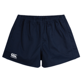 Navy blue athletic shorts from the Canterbury Professional Cotton Short 3-Pack Bundle by Bundle Canterbury, featuring an elastic waistband and the iconic Canterbury logo on the bottom left for a stylish finish.