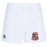 The Rye High School 10 Year Professional Polyester Rugby Shorts by EMB Canterbury feature a premium polyester construction with a bold logo in black, red, and white on the left side and the iconic Canterbury logo on the right. Ideal for both game day action and casual wear.
