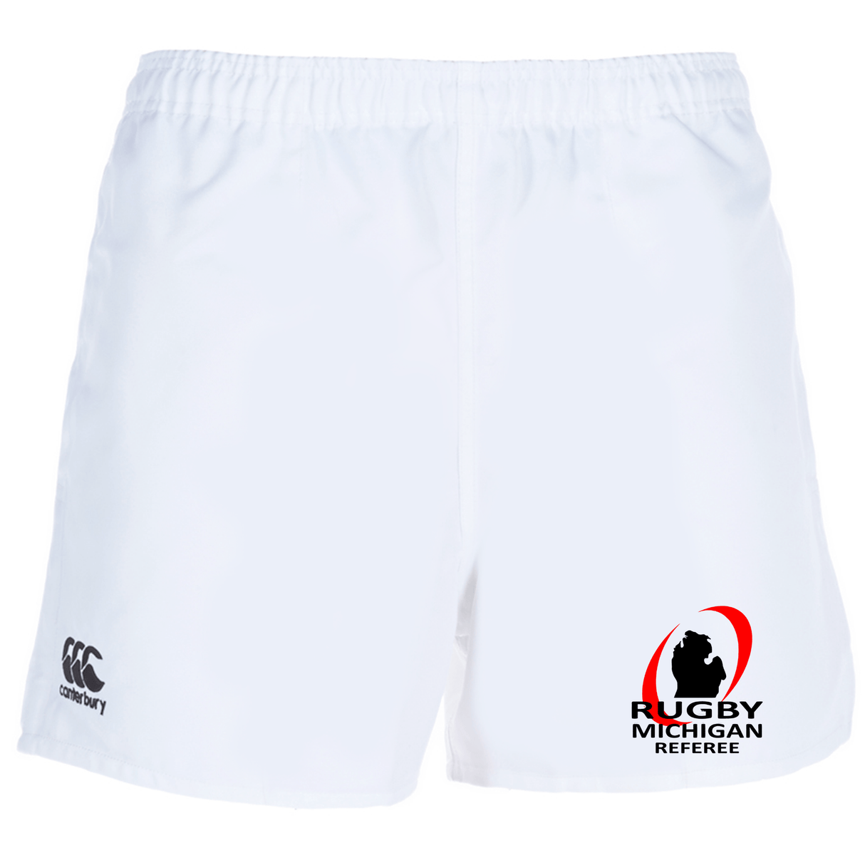 The Rugby Michigan Referee Society Advantage Rugby Shorts by EMB Canterbury are ideal for referees, offering moisture-wicking fabric and showcasing the iconic Canterbury logo on the left and the Rugby Michigan Referee logo on the right.