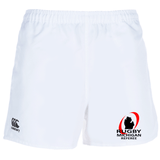 The Rugby Michigan Referee Society Advantage Rugby Shorts by EMB Canterbury are ideal for referees, offering moisture-wicking fabric and showcasing the iconic Canterbury logo on the left and the Rugby Michigan Referee logo on the right.