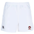 The Battleship Women's Rugby Player's Drill Short by EMB Canterbury, made from recycled fabric, features a logo on the lower right and a Canterbury logo on the left. These sustainable white sports shorts blend style and eco-conscious design perfectly for players.