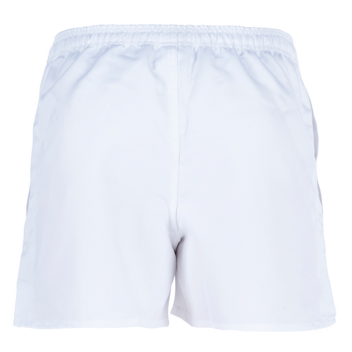 Back view of white athletic rugby shorts from the Canterbury Professional Polyester Short 3-Pack Bundle, featuring an elastic waistband and the signature Canterbury logo.