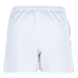 Back view of white athletic rugby shorts from the Canterbury Professional Polyester Short 3-Pack Bundle, featuring an elastic waistband and the signature Canterbury logo.