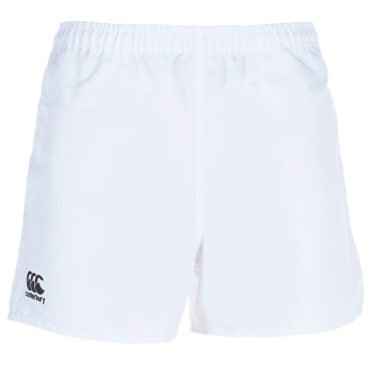 The Canterbury Professional Polyester Short 3-Pack Bundle by Bundle Canterbury includes white athletic shorts with a logo on the left leg, perfect for rugby enthusiasts.