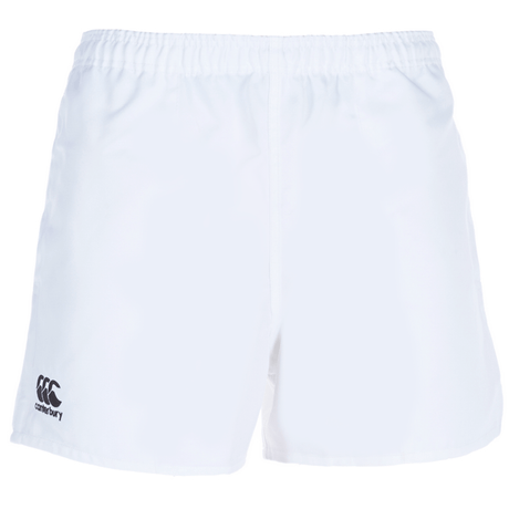 The Canterbury Professional Polyester Short by Canterbury features a sleek design with an elastic waistband and a small logo on the lower left side. Ideal for athletes, these white shorts offer comfort and style.
.