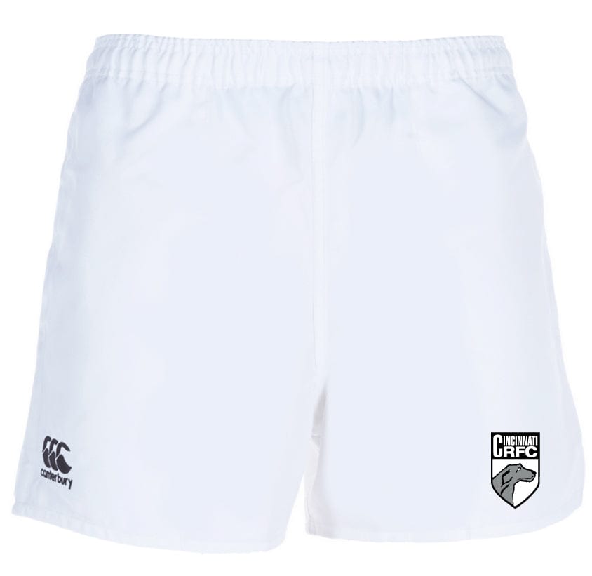 The Cincinnati Wolfhounds Player's Drill Short by Canterbury features the Canterbury logo on the left thigh and the Cincinnati CRFC logo on the right thigh, made from recycled fabric.