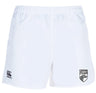 The Cincinnati Wolfhounds Player's Drill Short by Canterbury features the Canterbury logo on the left thigh and the Cincinnati CRFC logo on the right thigh, made from recycled fabric.
