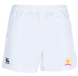 The Hartselle Highlanders Player's Drill Shorts by EMB Canterbury showcase a black logo on one side and a yellow lion with a red banner on the other, made from recycled fabric for eco-conscious athletes.
