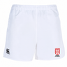 Introducing the San Diego Legion Rugby Academy Professional Polyester Rugby Short by Canterbury. These white athletic rugby shorts by EMB Canterbury feature practical pockets and an elastic waistband for a secure fit, with a black Canterbury logo on the left leg and a red Legion SD Rugby Academy logo on the right. Expertly crafted from durable polyester, these shorts are designed to deliver comfort and professional-level performance.