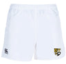 The Towson University Rugby Player's Drill Short by EMB Canterbury features the classic Canterbury logo on the right leg and a sleek emblem on the left. Made from recycled fabric, these shorts offer an eco-friendly choice for sports enthusiasts.