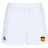 The University of Maryland Baltimore County Rugby Player's Drill Shorts by EMB Canterbury are white, showcasing a UMBC logo on the right and a Canterbury logo on the left, crafted from recycled fabric for sustainable athletic wear.