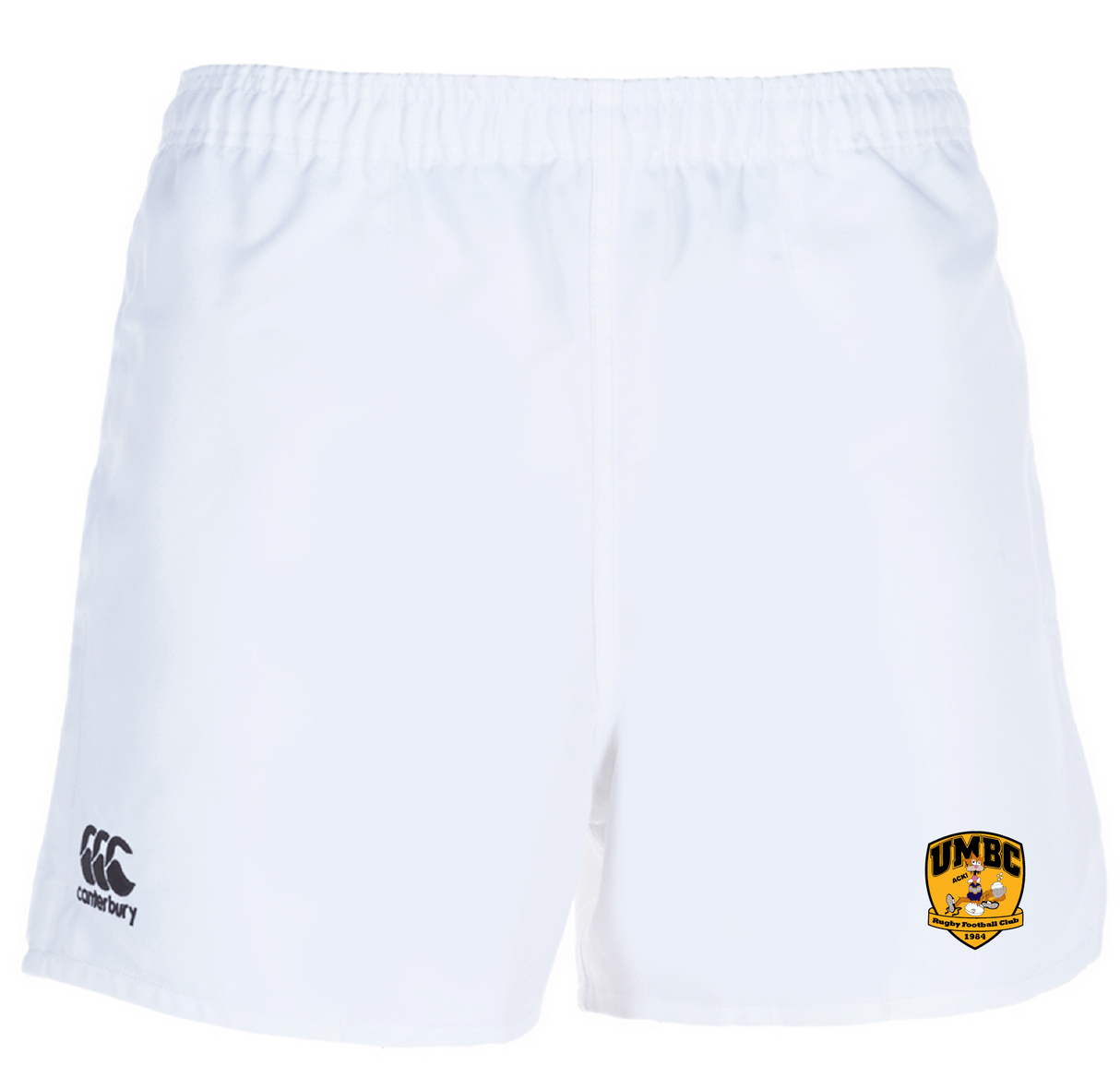 The University of Maryland Baltimore County Rugby Player's Drill Shorts by EMB Canterbury are white, showcasing a UMBC logo on the right and a Canterbury logo on the left, crafted from recycled fabric for sustainable athletic wear.