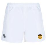 The University of Maryland Baltimore County Rugby Player's Drill Shorts by EMB Canterbury are white, showcasing a UMBC logo on the right and a Canterbury logo on the left, crafted from recycled fabric for sustainable athletic wear.