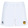 The University of Maryland Baltimore County Rugby Player's Drill Shorts by EMB Canterbury are white, showcasing a UMBC logo on the right and a Canterbury logo on the left, crafted from recycled fabric for sustainable athletic wear.