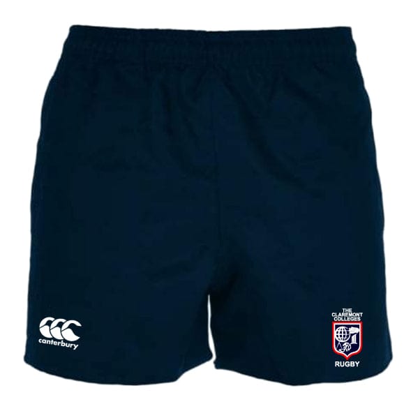 A pair of navy blue rugby shorts with a white elastic waistband, displaying logos for Canterbury and The Old Elthamians Rugby Club on the front. These "The Claremont Colleges Player's Drill Shorts" by EMB Canterbury are made from recycled fabric, combining style and sustainability effortlessly.