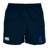 The Falcon Youth Rugby Player's Drill Short by EMB Canterbury is made from recycled fabric in navy blue and adorned with the Canterbury and Falcon Youth Rugby logos.