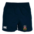 The CenCal Youth Bullard Women's Advantage Short 2.0 by EMB Canterbury, featuring navy blue fabric and a vibrant crest on the right leg, skillfully integrates performance with sustainability using recycled materials.