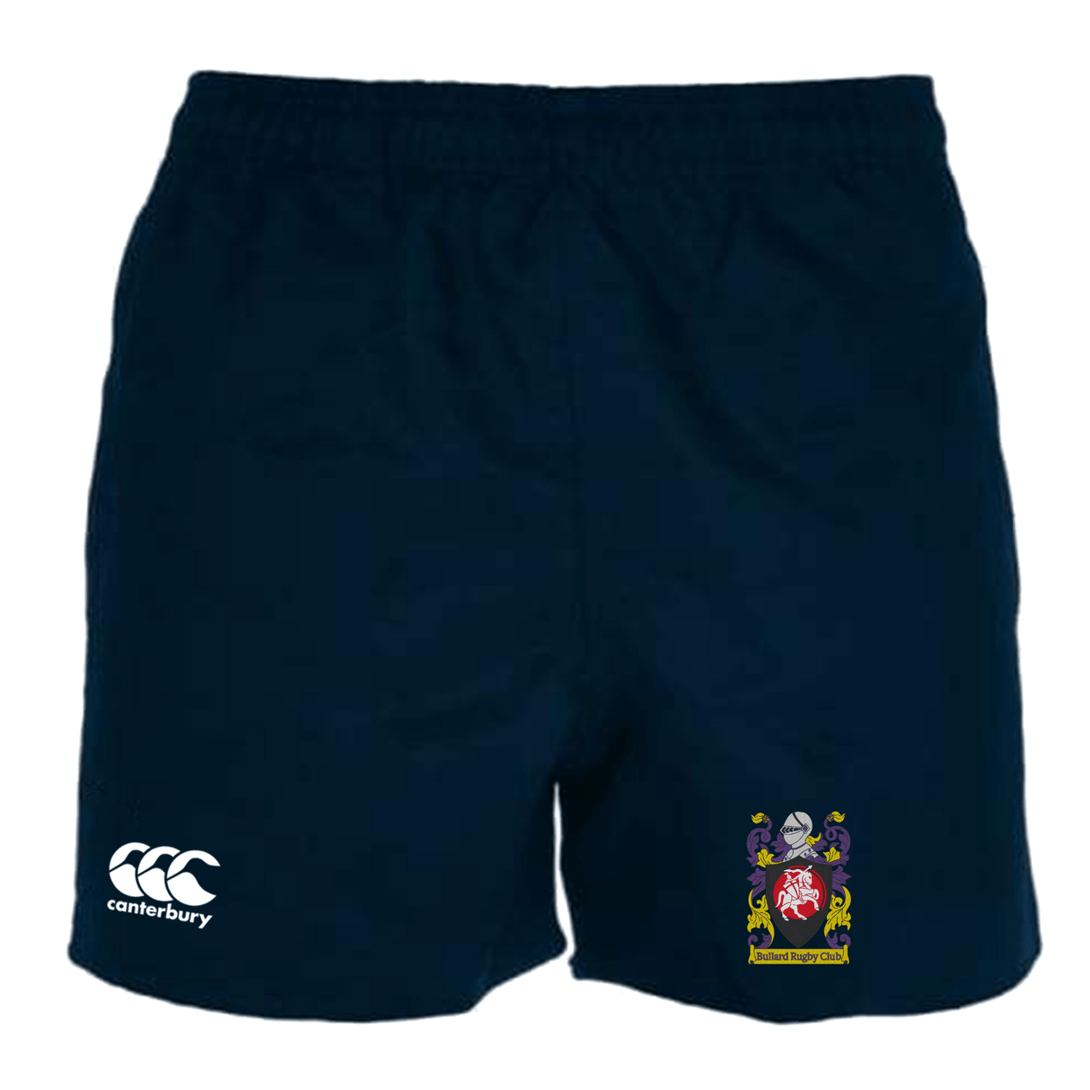 The CenCal Youth Bullard Women's Advantage Short 2.0 by EMB Canterbury, featuring navy blue fabric and a vibrant crest on the right leg, skillfully integrates performance with sustainability using recycled materials.