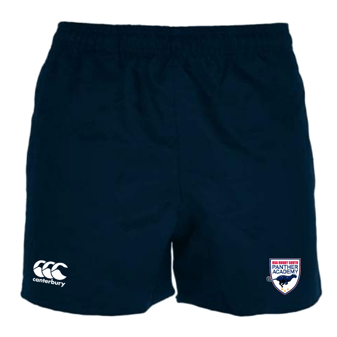 Navy blue athletic shorts, expertly crafted from recycled fabric, featuring the EMB Canterbury logo and Panther Rugby Academy badge on the front.